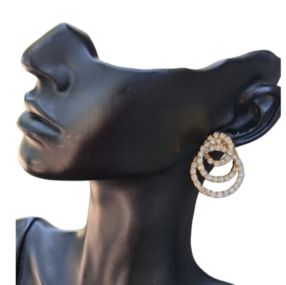 Vintage Y2K Triple Hoop Rhinestone Earrings – Gold Tone Glam Statement Jewelry - Picture 2 of 5